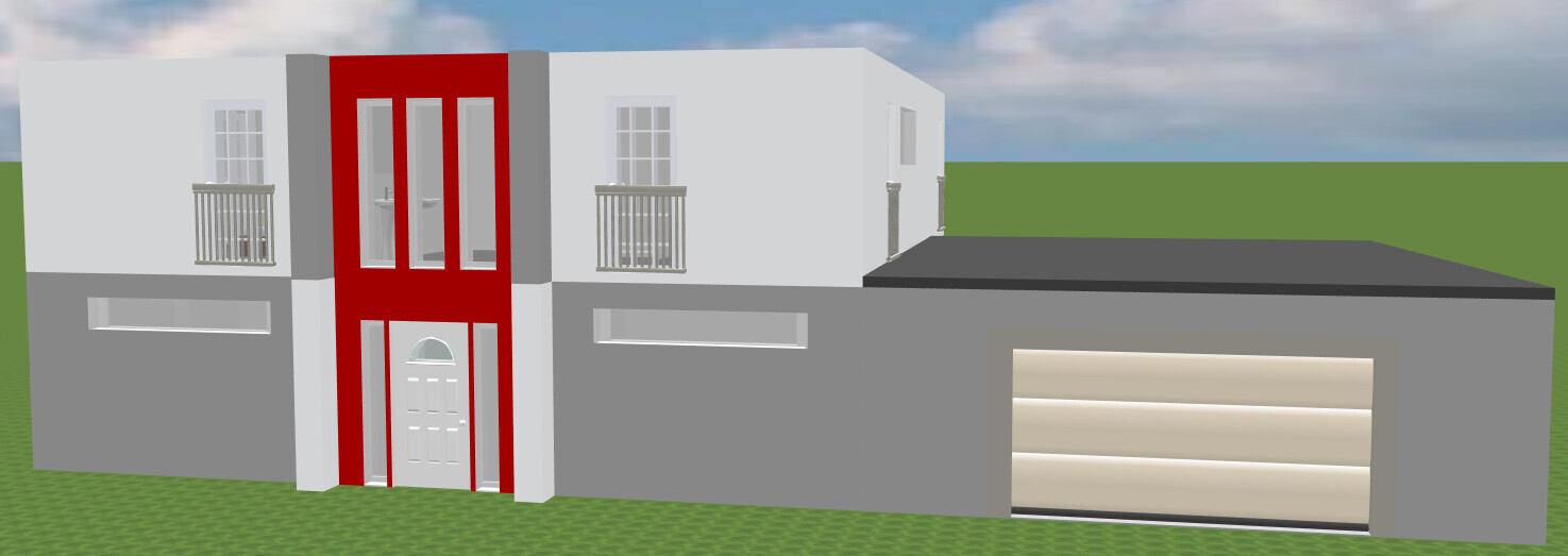 Modernes Haus mit rotem Eingangsrahmen, weißen Fassaden, zwei Balkonen und großer Garage.