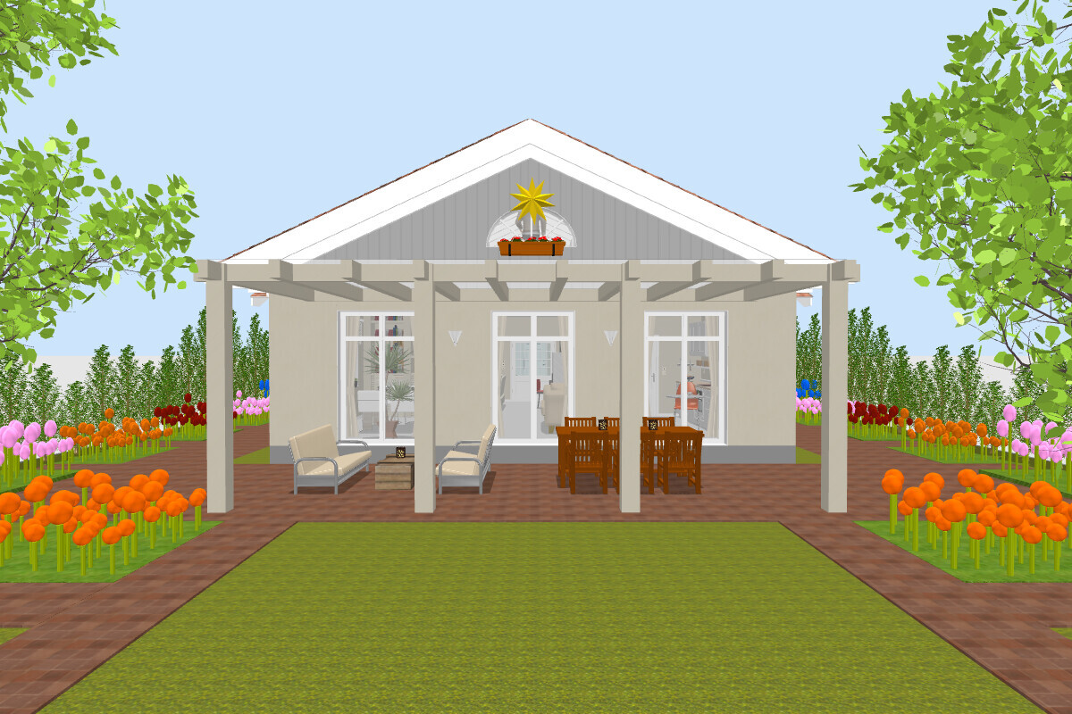 Gartenansicht eines Einfamilienhauses mit Pergola, Terrassenmöbeln und Blumenbeeten.