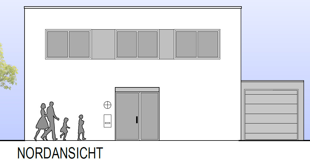 Nordansicht eines modernen weißen Gebäudes mit Garage rechts und vorbeigehender Familie.