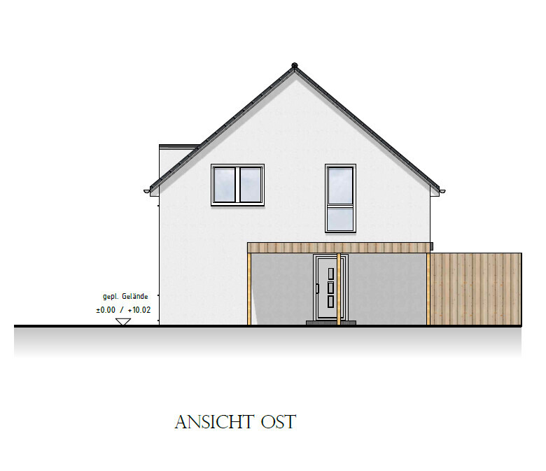 Ansicht Ost: zweistöckiges Haus mit weißer Fassade, Satteldach, Holz-Eingangsbereich und Holzzaun.