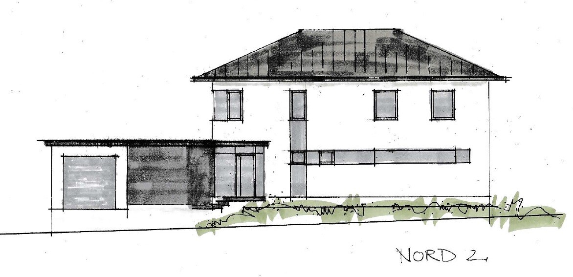 Moderne zweigeschossige Hausfront mit Garage, Eingang und Garten, Handzeichnung