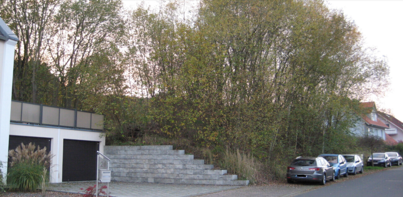 Straßenansicht: Haus mit Garage, rechts geparkte Autos, steinerne Treppe am Hang dahinter.