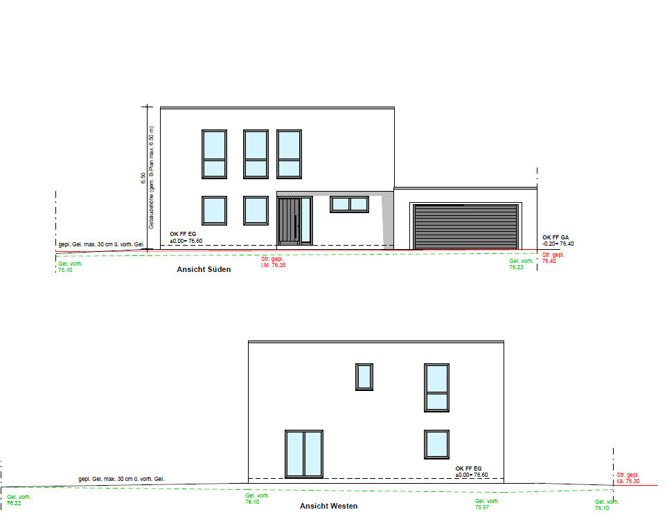 Architektenzeichnung eines modernen Einfamilienhauses mit Garage; Ansichten Süden und Westen.