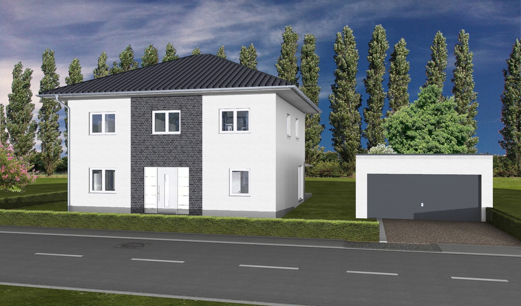 Moderne zweistöckige Villa, weiße Fassade, dunkler Ziegelmitte, graues Dach, Garage rechts.