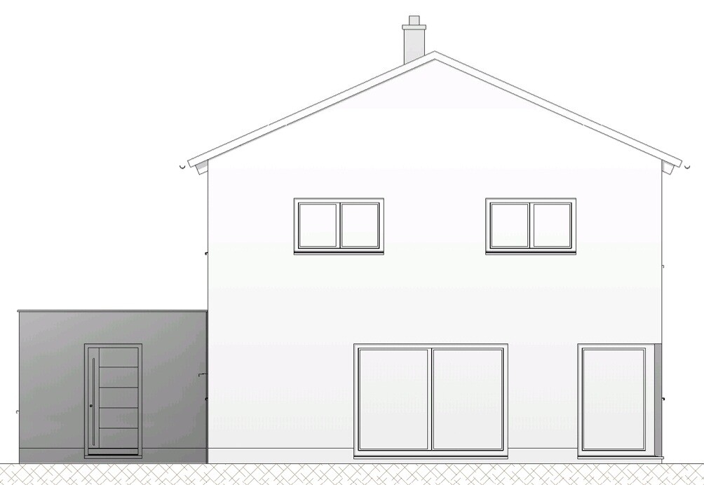Moderne zweigeschossige Hausfront mit seitlicher Garage und großen Fensterflächen.