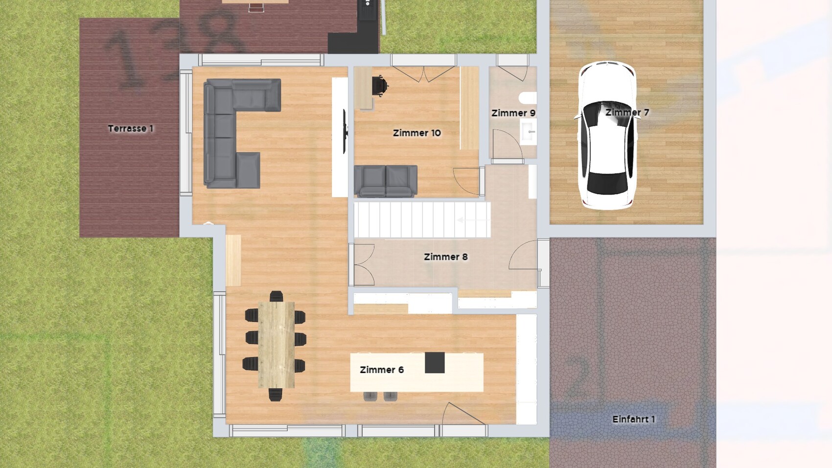 Grundriss von oben: Wohnzimmer, Zimmer 6–10, Terrasse, Garage mit Auto, Einfahrt