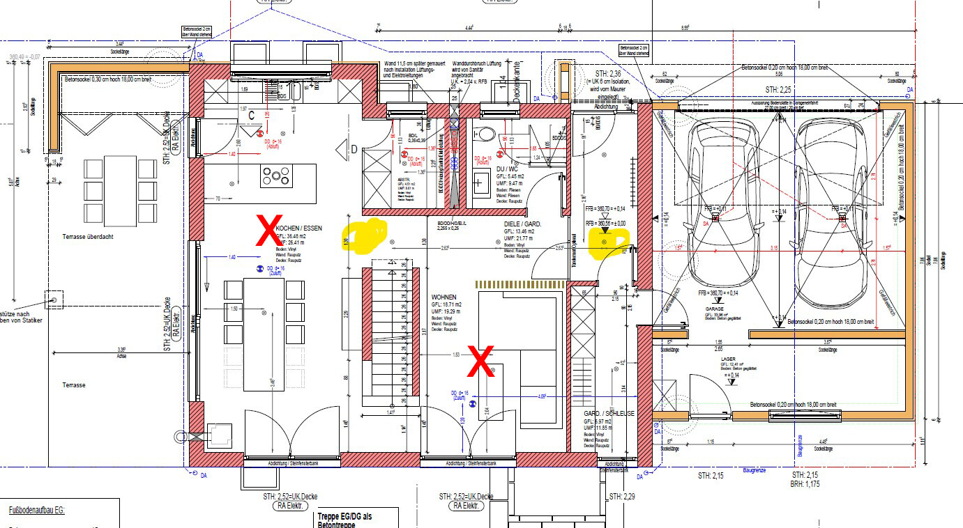 Grundriss eines Hauses mit Küche, Essen, Wohnen, Garage (2 Autos) und Terrasse.