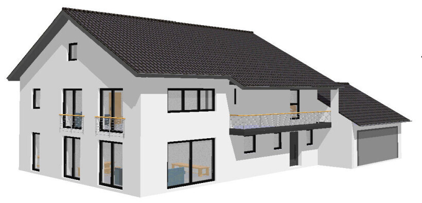 Moderne weiße Villa mit Satteldach, Balkon, großen Fenstern und Garage.