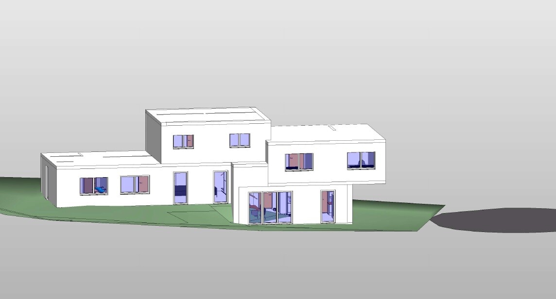 Moderne weiße Mehrvolumen-Villa mit flachen Dächern, großen Fenstern, auf grünem Gelände