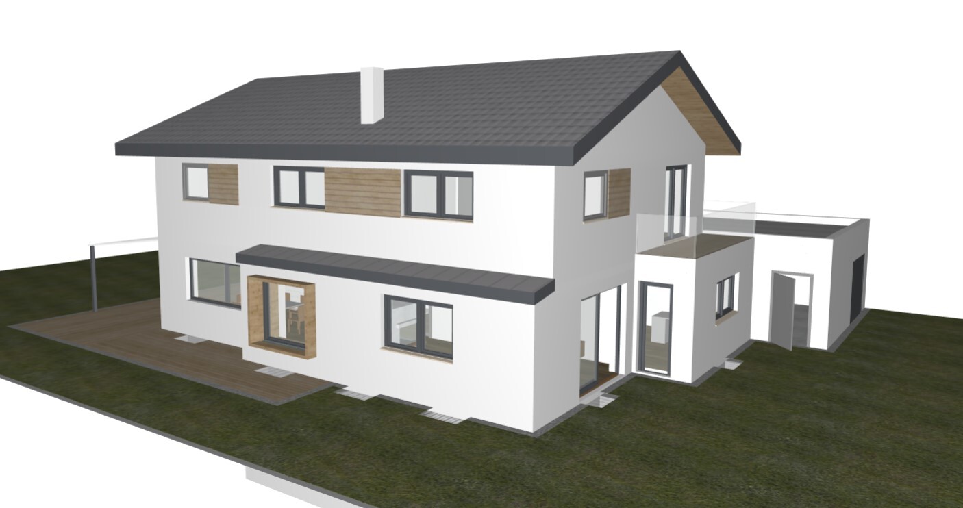 Modernes Einfamilienhaus mit grauem Satteldach, weißen Wänden, Holzdetails und Balkon