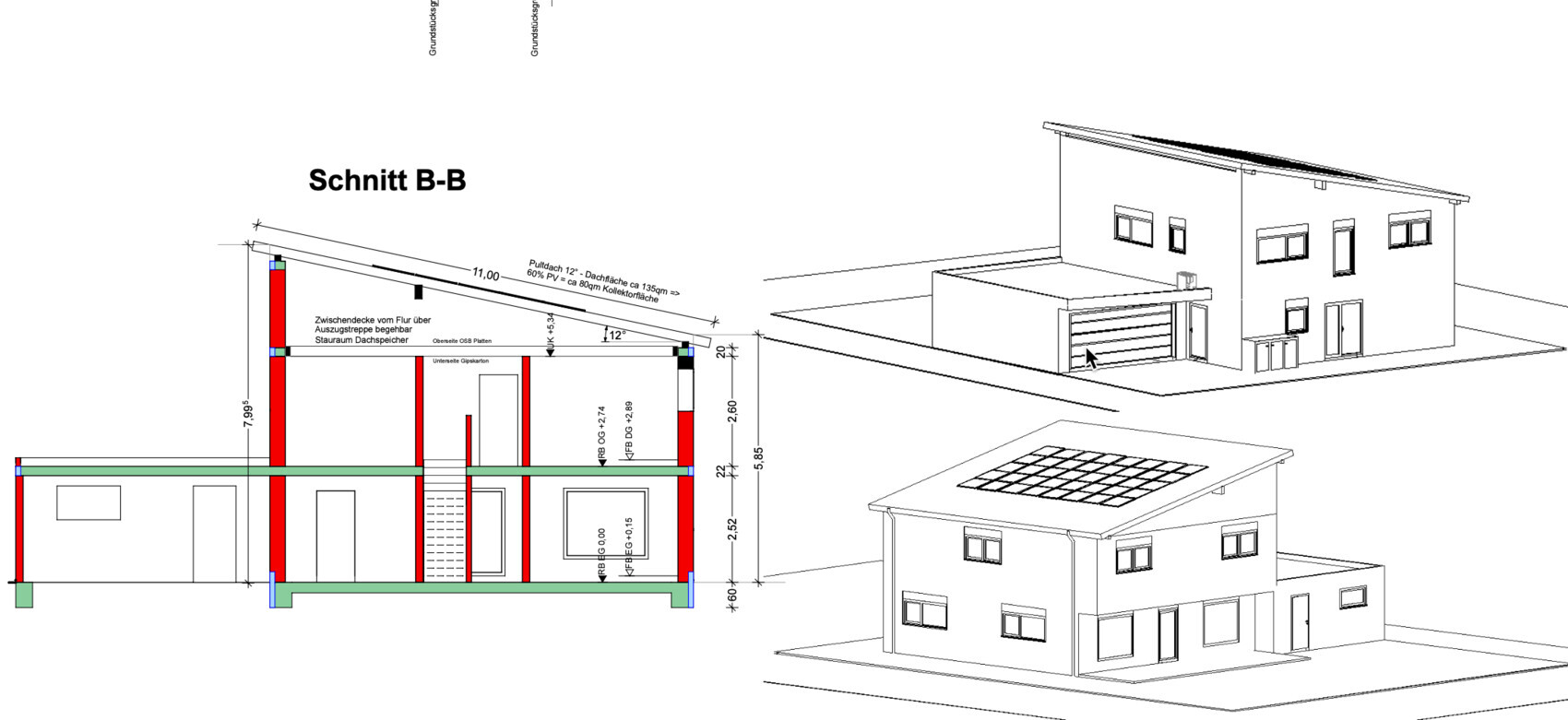 Schnitt B-B: Wohnhaus-Querschnitt mit Treppe; 3D-Ansichten von Garage und Solaranlagen.