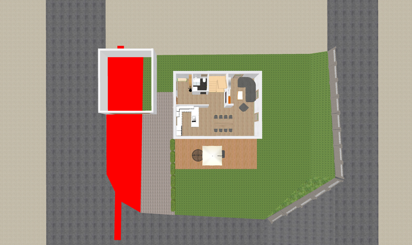 Vogelperspektive eines modernen Hauses mit offener Küche, Esstisch, Terrasse und Garten
