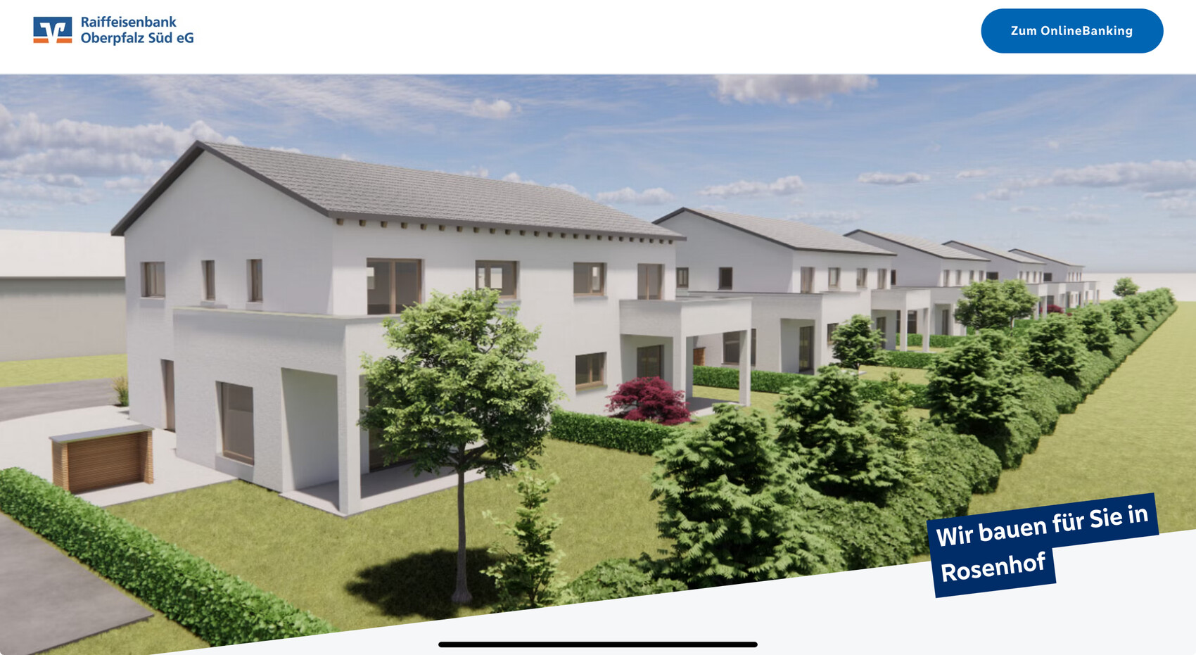 Reihe moderner weißer Doppelhäuser mit Gärten und Bäumen als 3D-Rendering.