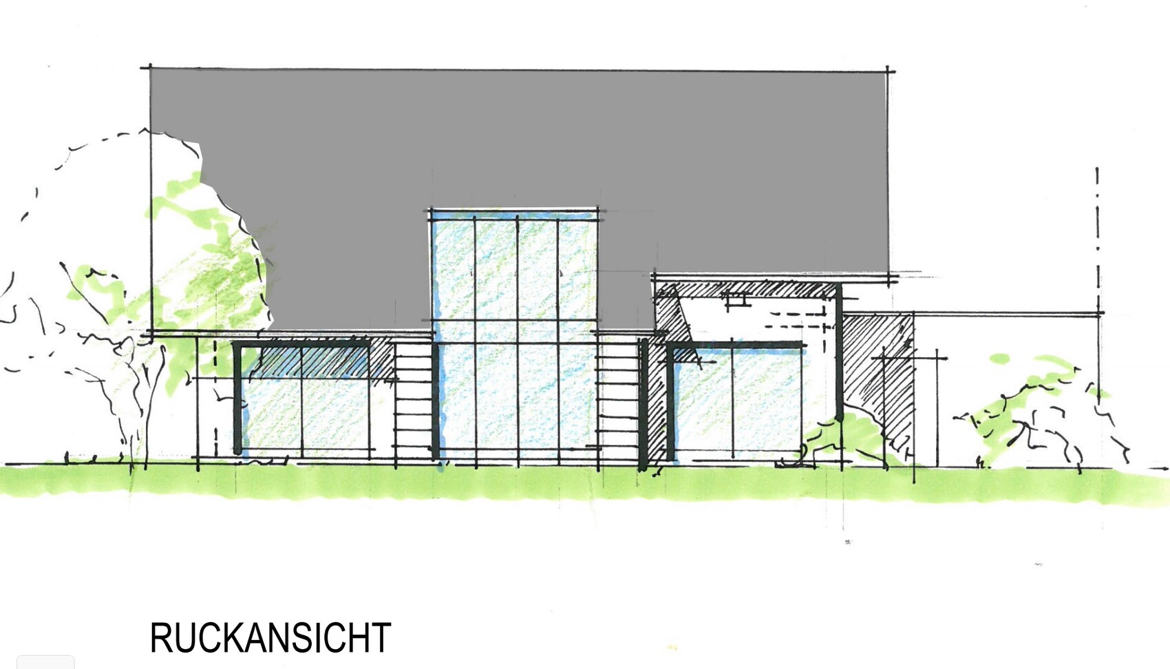 Rueckansicht eines modernen Hauses als Skizze mit Glasfassade und Garten
