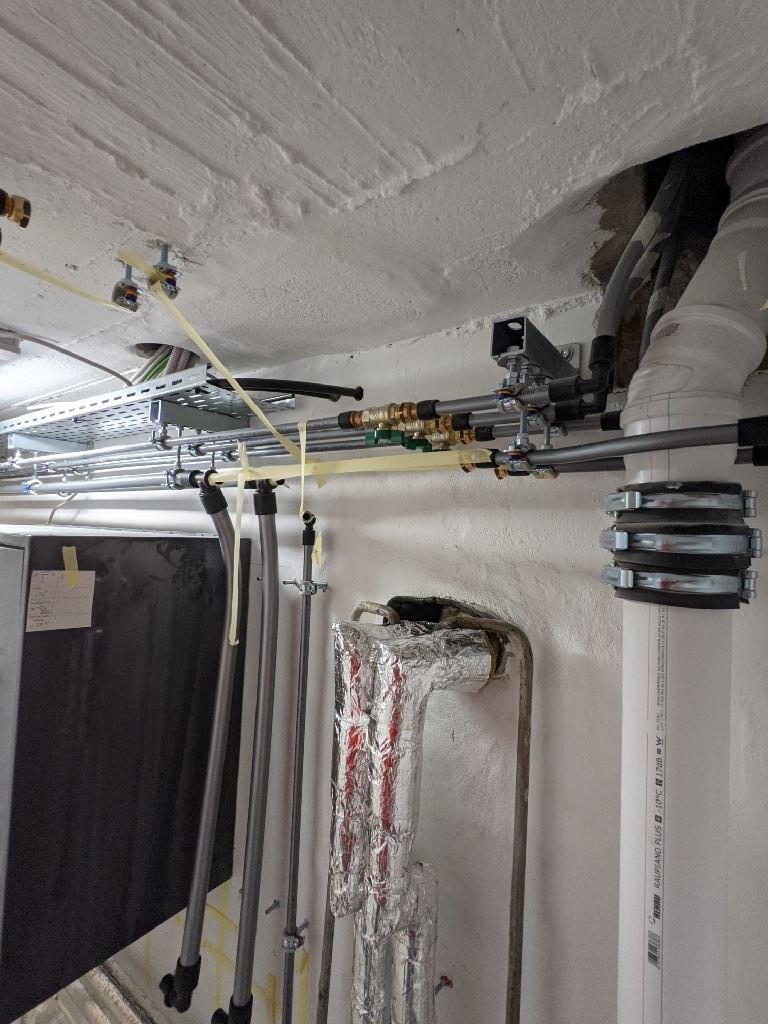 Technikraum mit vielen Rohren, Ventilen, Isolierung und Kabeln an Wand und Decke.