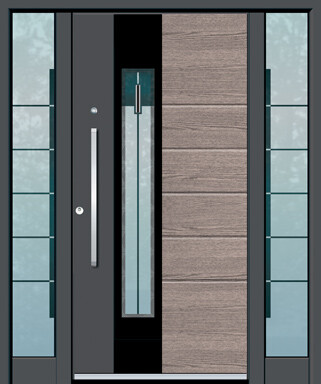 Moderne Haustür mit seitlichen Glasfenstern und Holzoptik