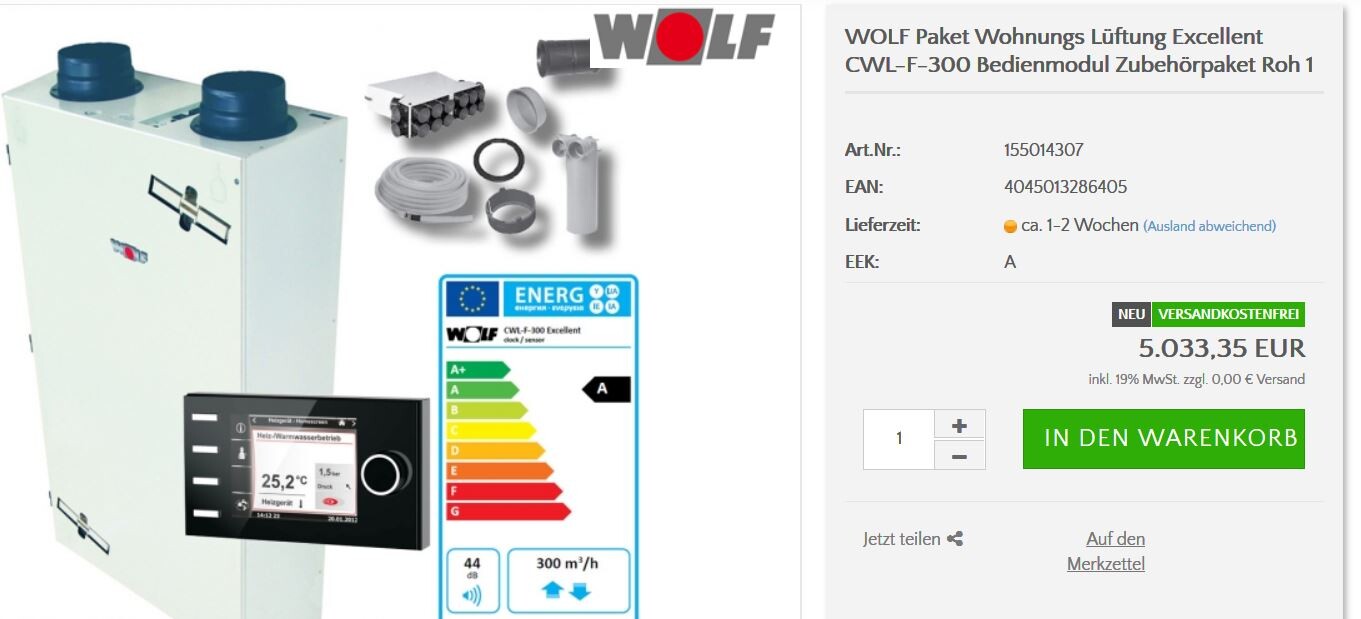Weißes WOLF-Heizgerät CWL-F-300 mit Display, Zubehörteilen und Energieeffizienz-Label.