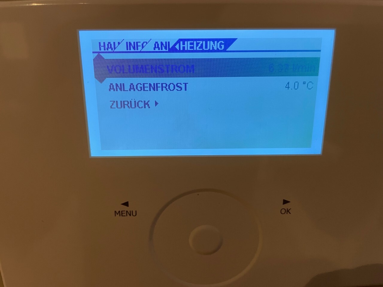 Heizungsdisplay mit Frostschutz (ANLAGENFROST), 4,0 °C; Zurück