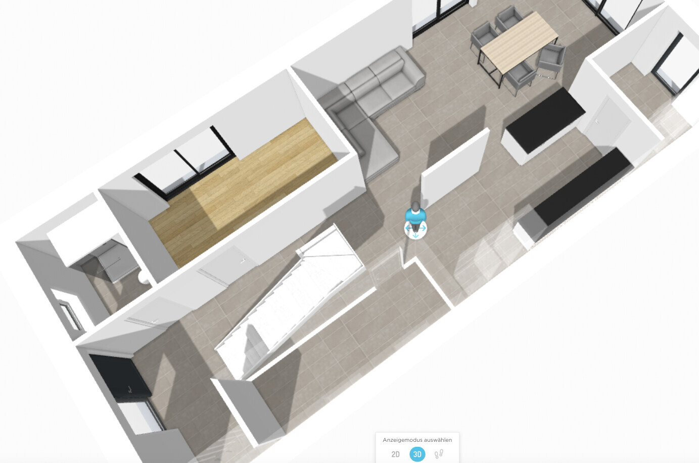 3D-Grundriss eines modernen Apartments: Wohnzimmer, Essbereich, Küche, Schlafzimmer.
