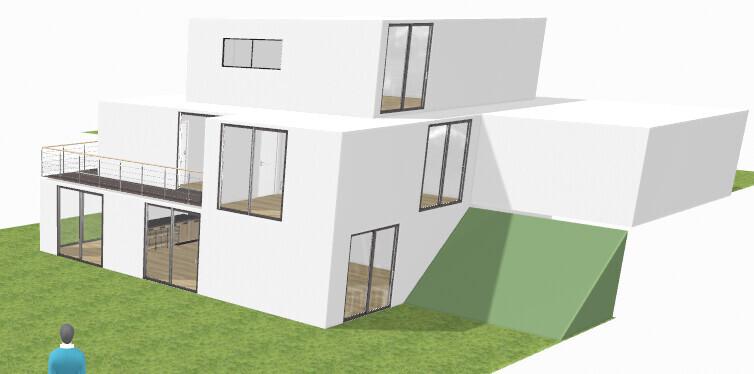 Moderne weiße, mehrstöckige Architekturmodell eines Hauses mit Glasfenstern, Terrasse und Rasen.