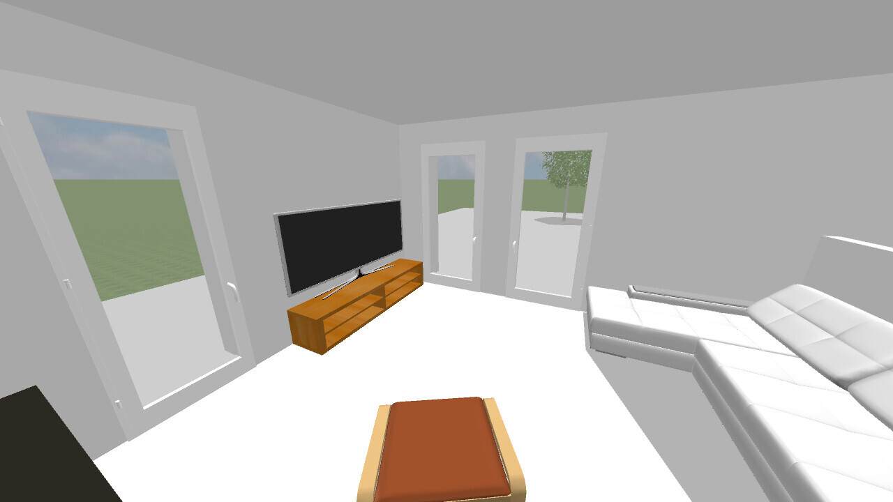 Helles Wohnzimmer mit Fernseher auf Holz-TV-Möbel, weißem Sofa und Glas-Türen nach draußen.