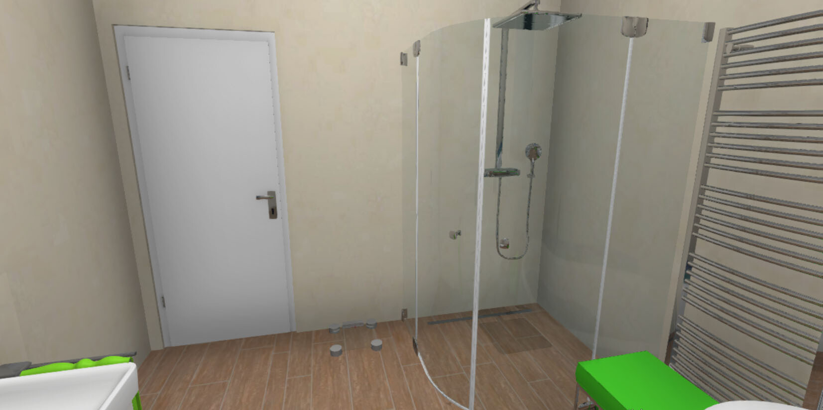 Badezimmer mit begehbarer Glasdusche, hellen Wänden, Holzbodenfliesen und grüner Sitzbank.