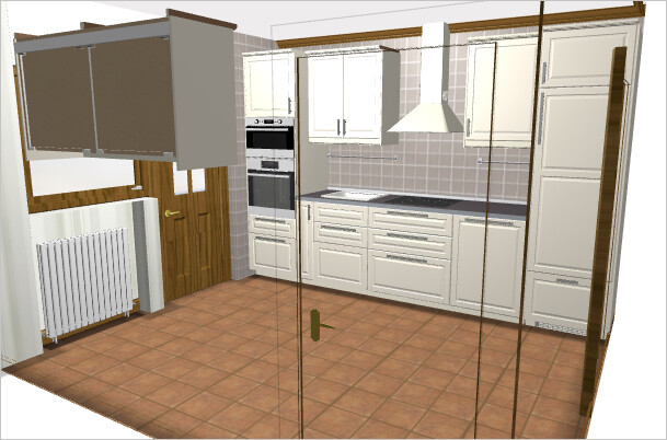 3D-render einer hellen modernen kuche mit weissen schraenken, backofen, hob und kuehlschrank