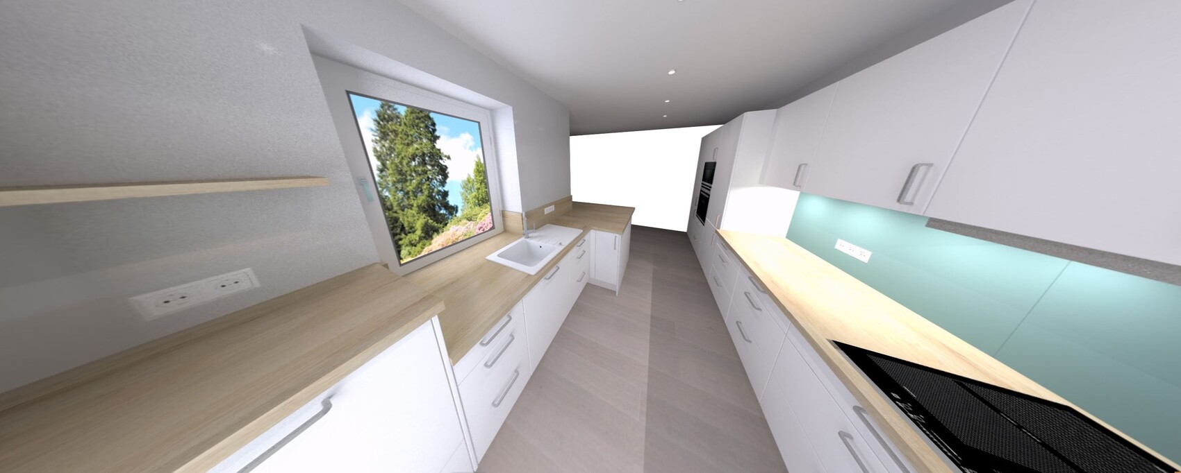 Moderne Küche mit weißen Schränken, Holz-Arbeitsplatten, Spüle unter Fenster, Backofen-Einheit.