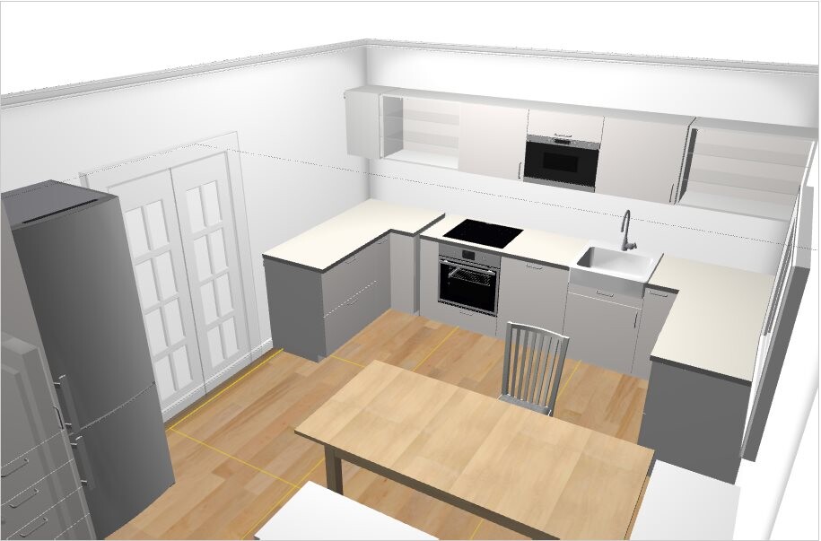 3D-Rendering einer modernen hellen Küche mit Schränken, Herd, Spüle und Esstisch
