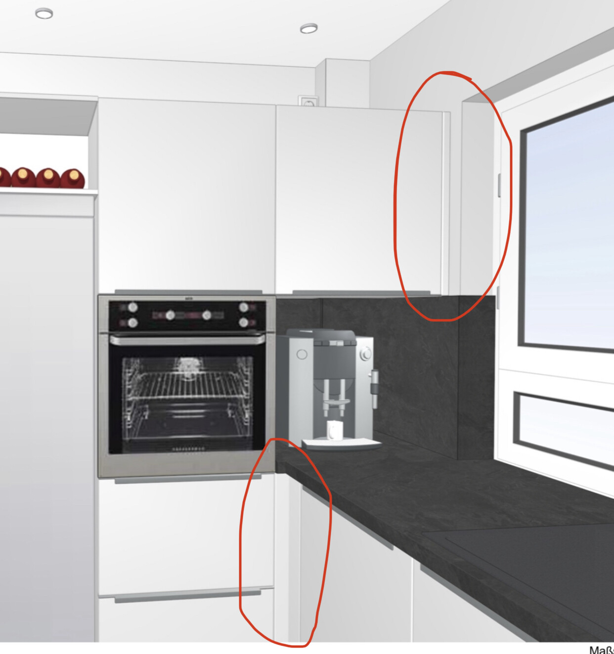 Moderne Küche mit weißen Schränken, Backofen, dunkler Arbeitsplatte und Kaffeeautomat; Fenster rechts.