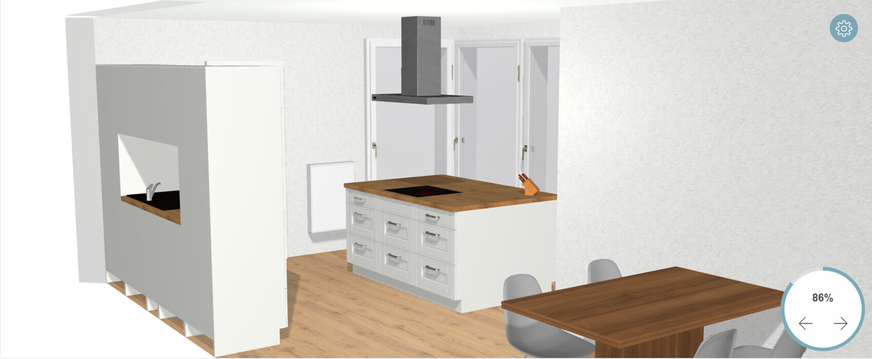 Moderne Küche mit Kochinsel aus Holzplatte, Dunstabzug, Messerblock und Esstisch.