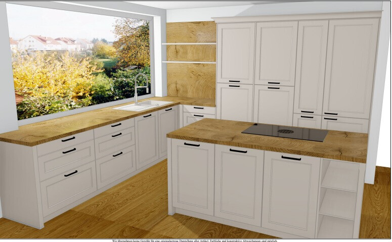 Helle Küche mit weißen Schränken, Holz-Arbeitsplatten, Kochinsel und großem Fenster.