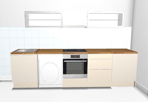 Moderne helle Küche mit Ofen, Spülmaschine und Holz-Arbeitsplatte in 3D-Render