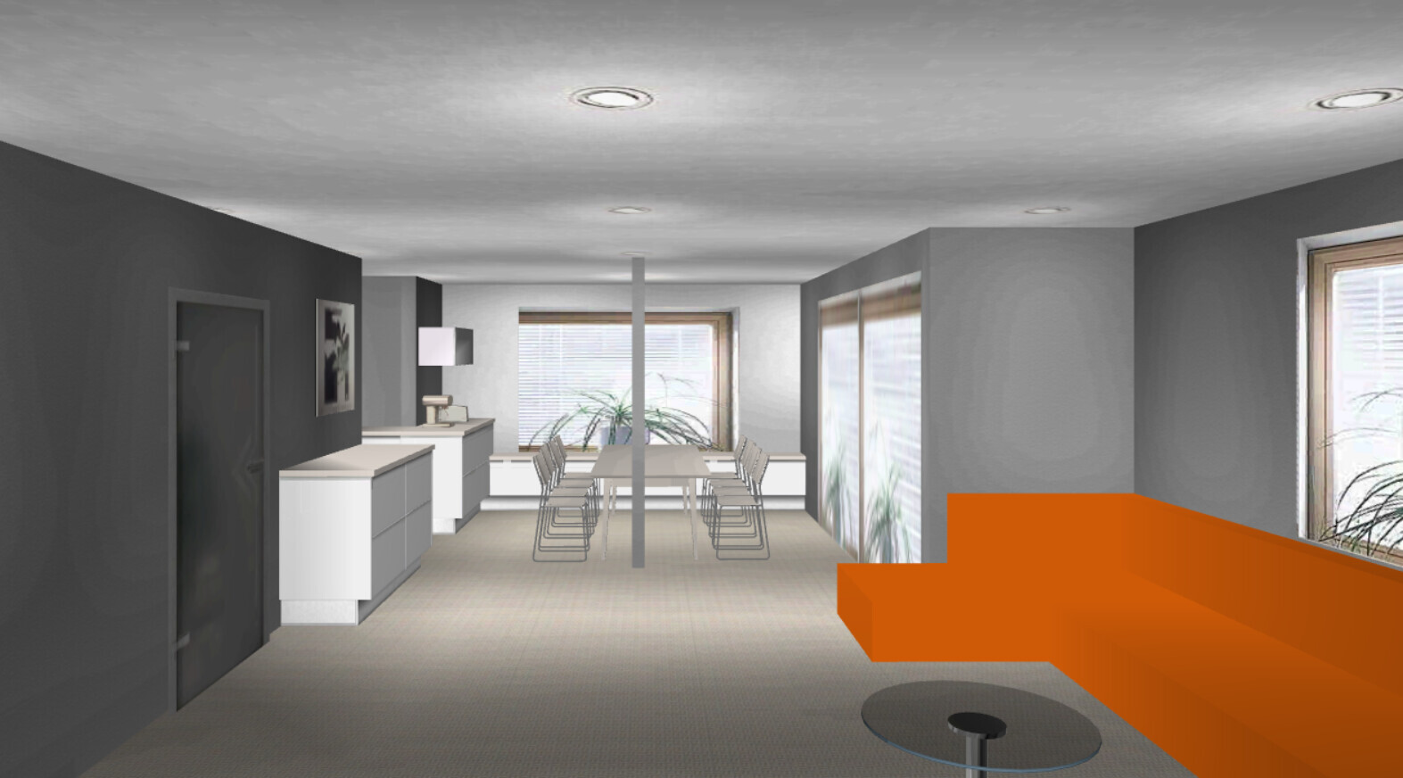 Modernes Wohnzimmer mit offener Küche, Esstisch in der Mitte, orange Sofa rechts, große Fenster.