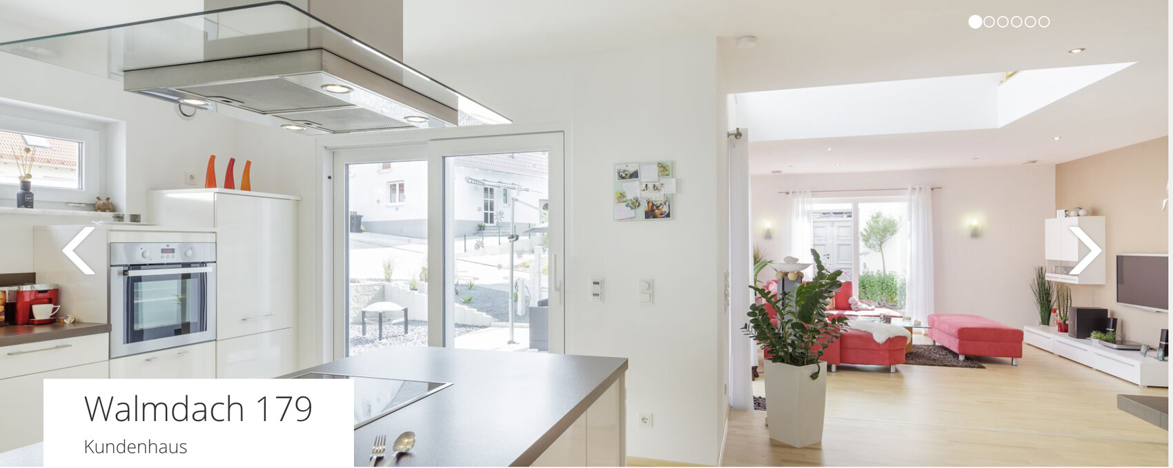 Moderne offene Küche mit Insel, Ofen, Glas-Tür zum Garten; Wohnzimmer mit pinkem Sofa.