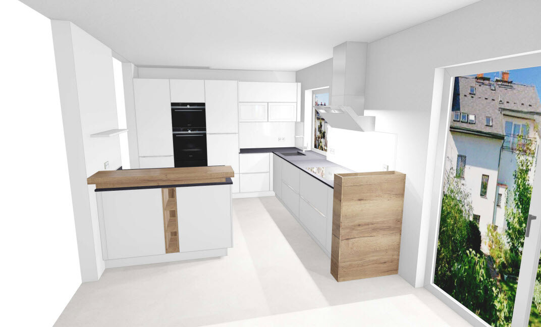 Moderne weiße Küche mit Holzelementen, Insel und Terrassentür zum Garten