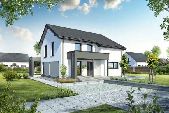 Modernes, zweigeschossiges weißes Einfamilienhaus mit grauem Dach, Zufahrt und Garten.