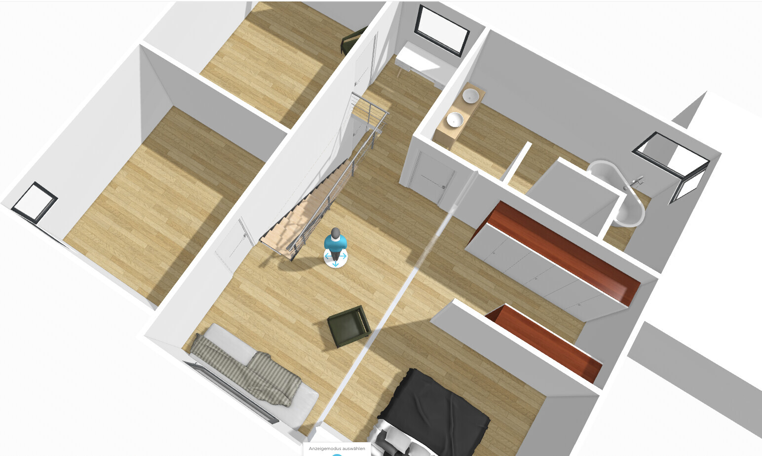 3D-Grundriss einer Wohnung: Schlafzimmer, Bad, Flur, Kleiderschränke und Treppen.