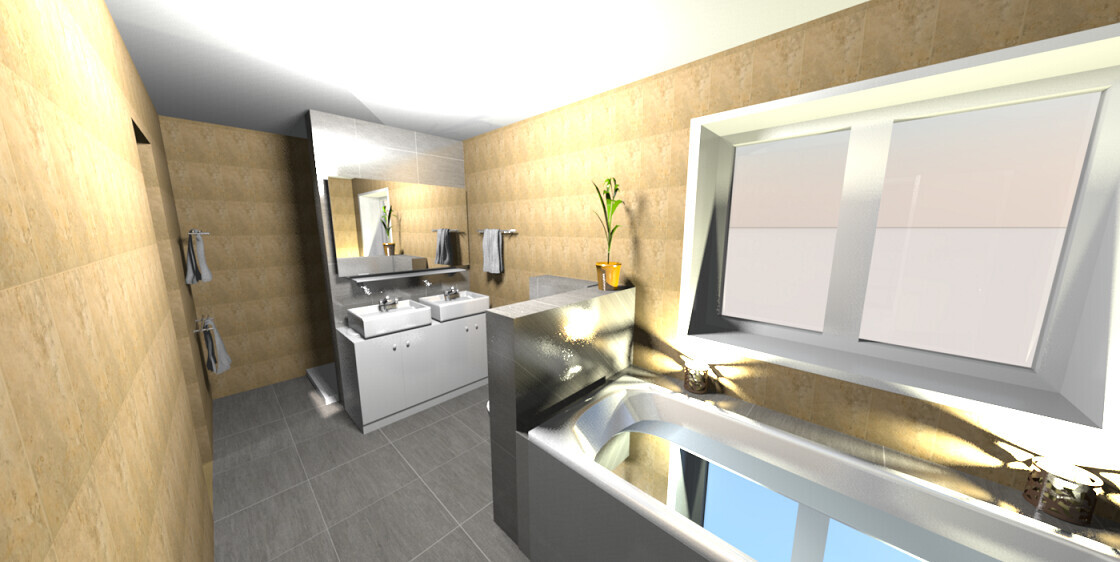 Modernes Badezimmer: Badewanne, Doppelwaschbecken, großer Spiegel, Fenster, Pflanze.