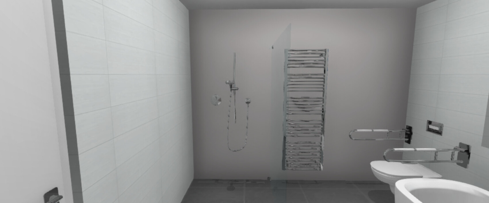 Barrierefreies Bad mit Dusche, Handbrause, Heizkörper und WC mit Haltegriffen.