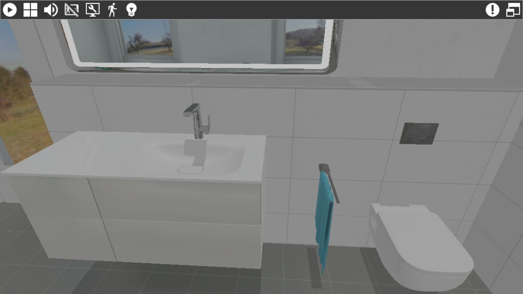Badezimmer mit Waschbecken, Unterschrank, Fenster und Toilette, blaues Handtuch.