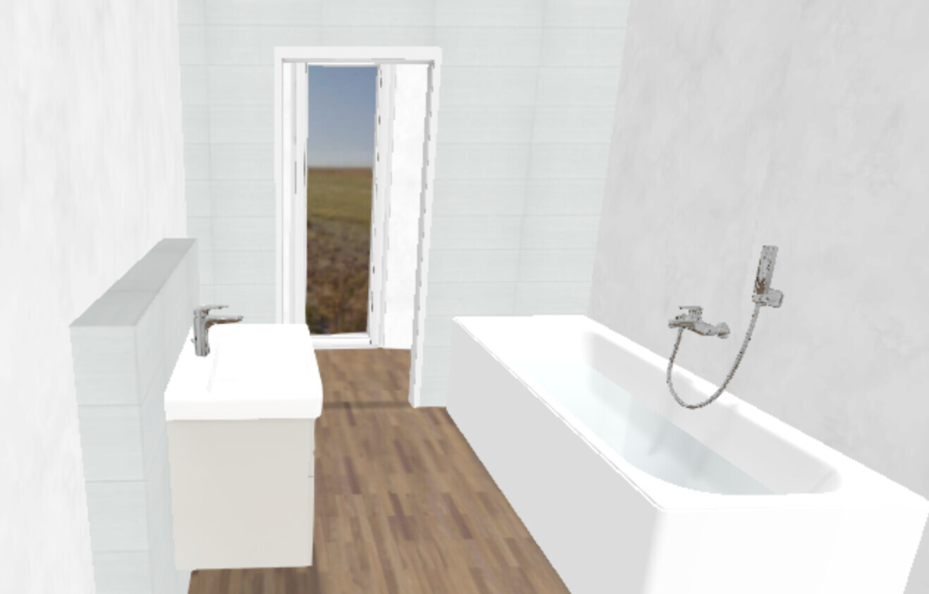 Badezimmer mit freier Badewanne, Waschbecken, Duscharmatur und offener Tür zur Feldlandschaft.