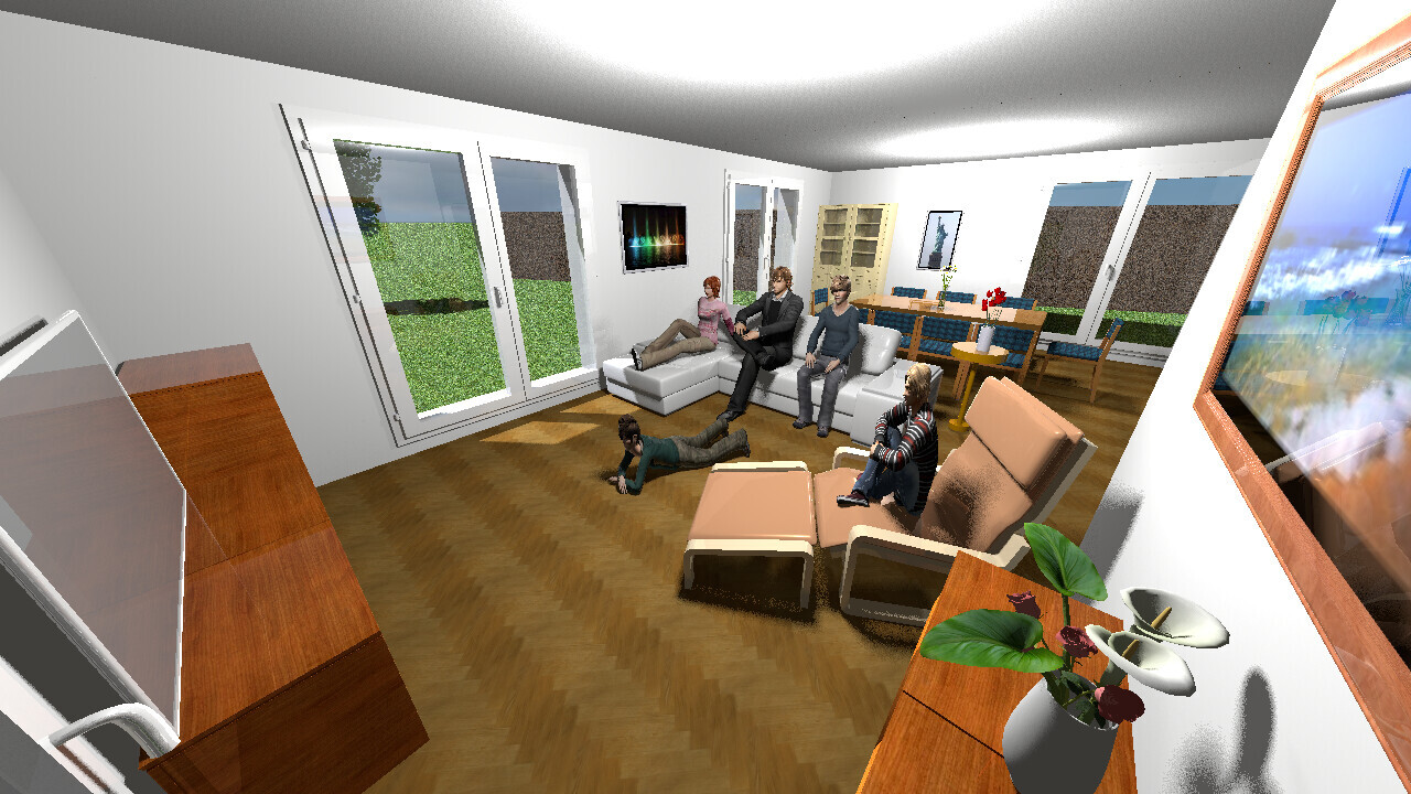 Mehrere Personen sitzen entspannt in einem modernen Wohnzimmer auf Sofa, Sessel und auf dem Boden.