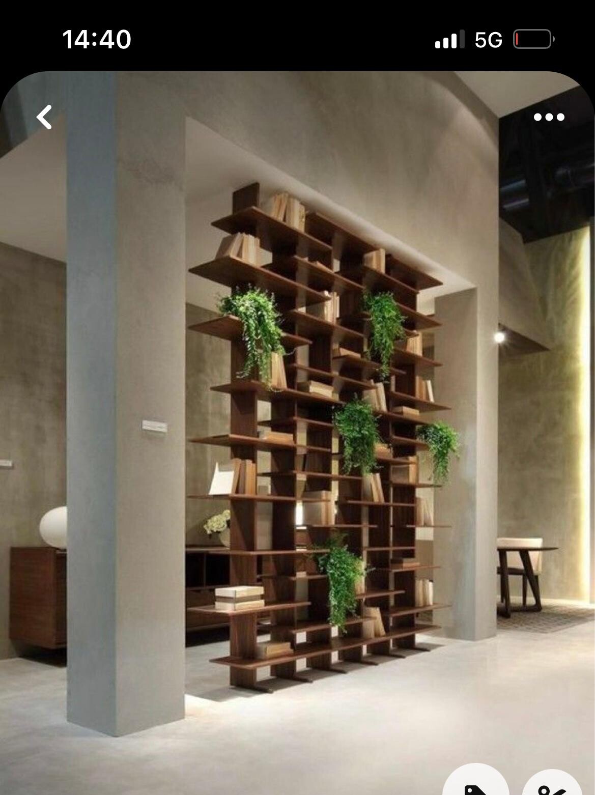 Großes mehrstöckiges Holzregal als Raumteiler mit Büchern und hängenden Grünpflanzen im Raum.