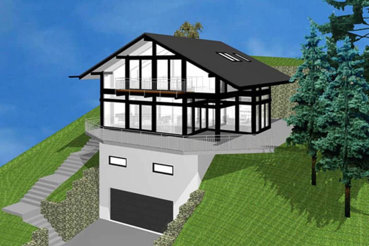 Modernes Haus mit sichtbarem Holz-Stahlrahmen und Glasfassade auf Hang, Garage darunter.