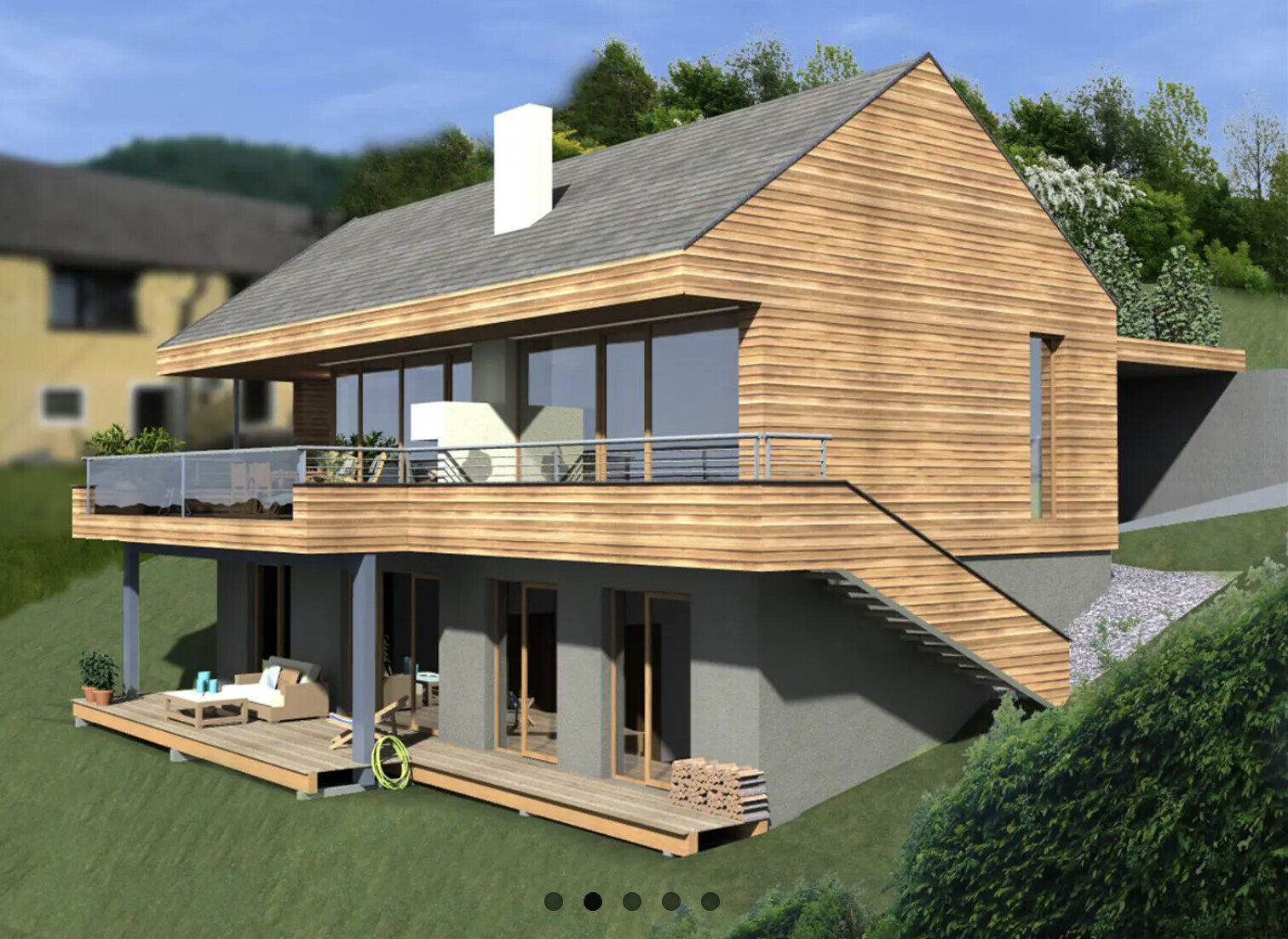 Modernes zweigeschossiges Holzhaus auf Hanglage mit großer Glasfront und Terrasse