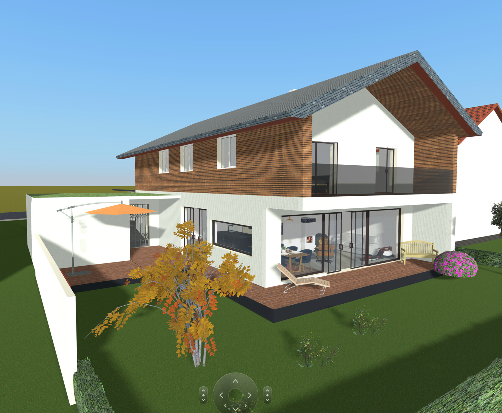 Moderne zweistöckige Hausfront mit Holzverkleidung, Glasfronten und Terrasse im Garten.