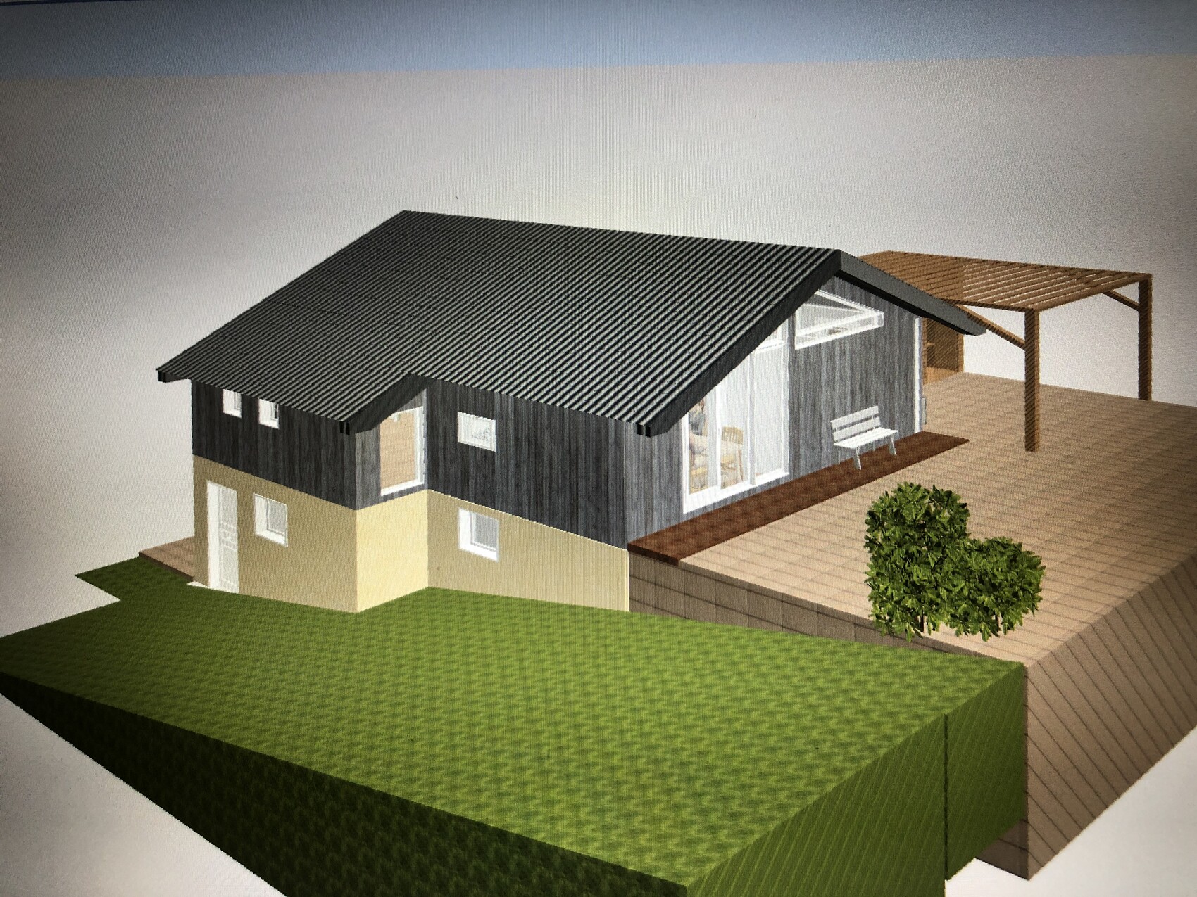 Modernes Haus auf Hügel mit dunkler Holzfassade, Glasfront, Terrasse und Garten.