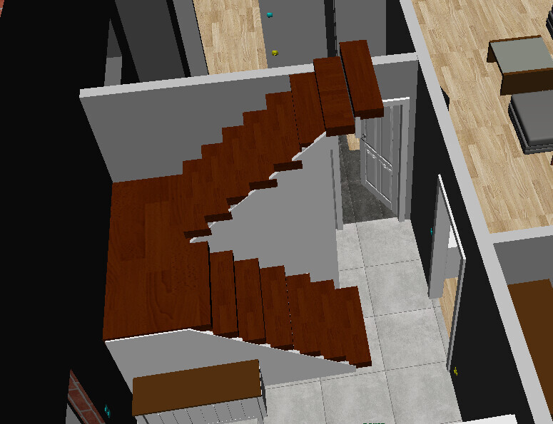 3D-Modell einer modernen Holztreppe im Treppenhaus