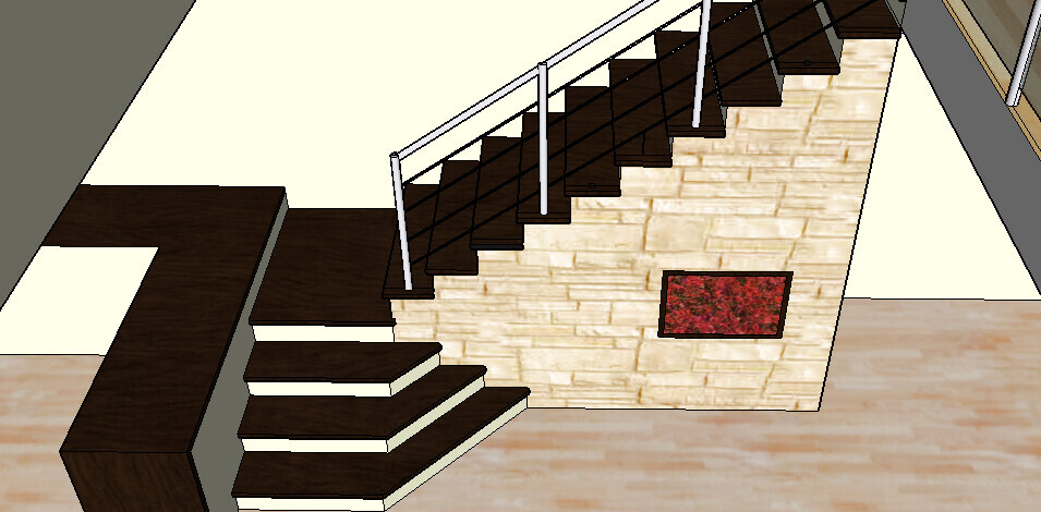 Moderne Holztreppe mit Geländer im Innenraum und Wandbild.